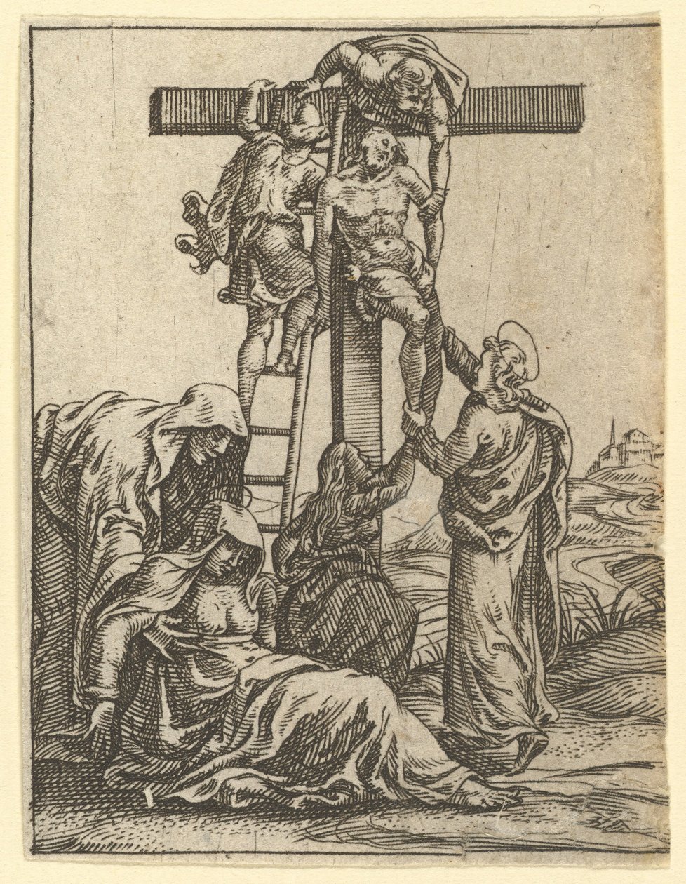 A Fájdalmak Szűza: Leszállás a keresztről, a kilenc környező rekesz egyike..., 1575-re. alkotó: Giorgio Ghisi