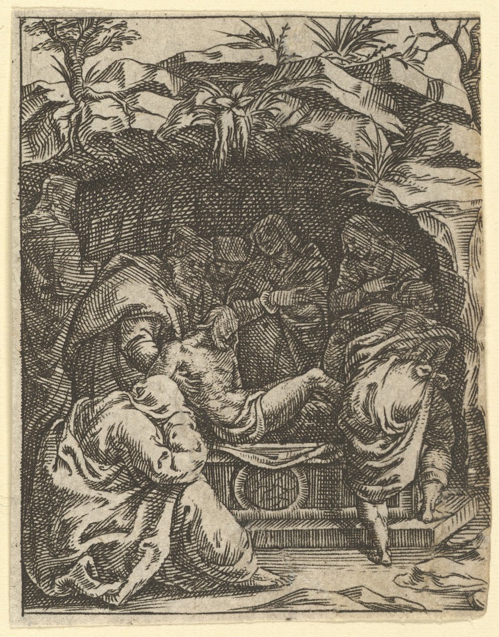 The Virgin of Sorrows: The Tombment, az egyik a kilenc környező rekesz közül a Vi...-ből, 1575-re. alkotó: Giorgio Ghisi