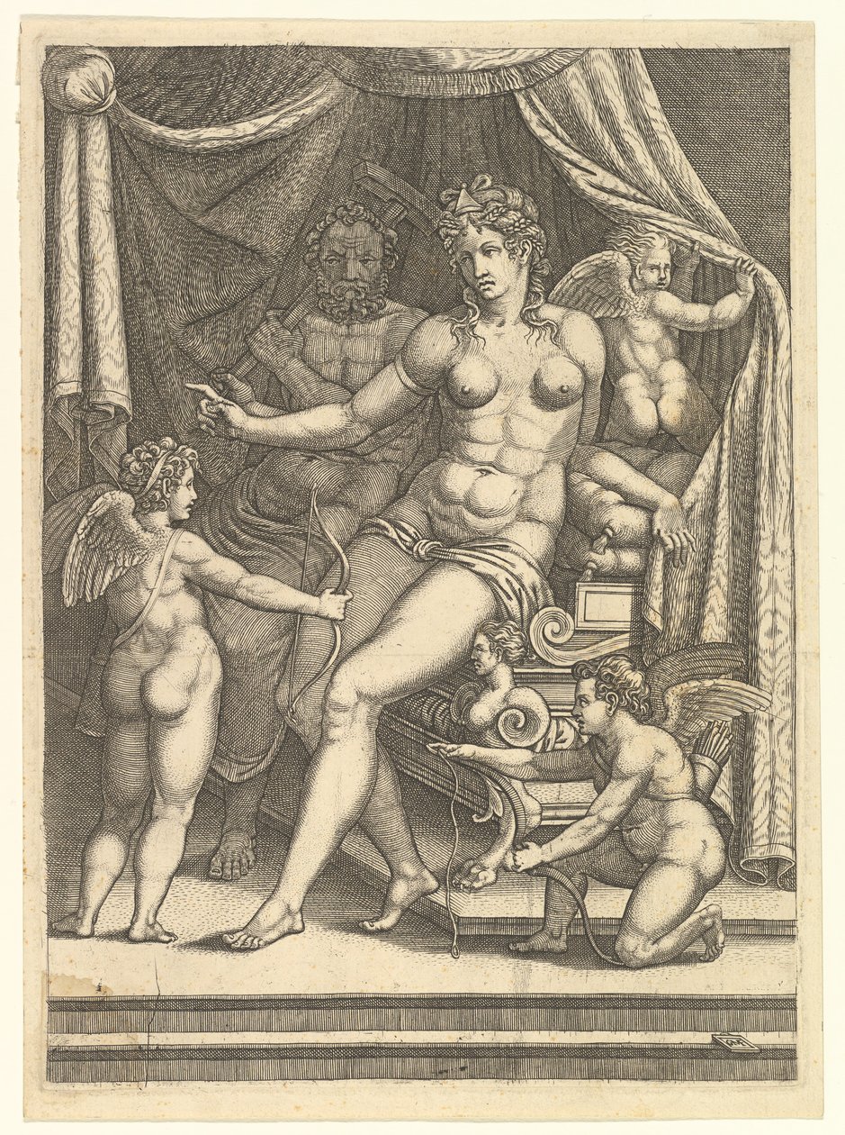 Vénusz és Vulkán egy ágyon ülve és három puttival, 1550-es évek közepe. alkotó: Giorgio Ghisi