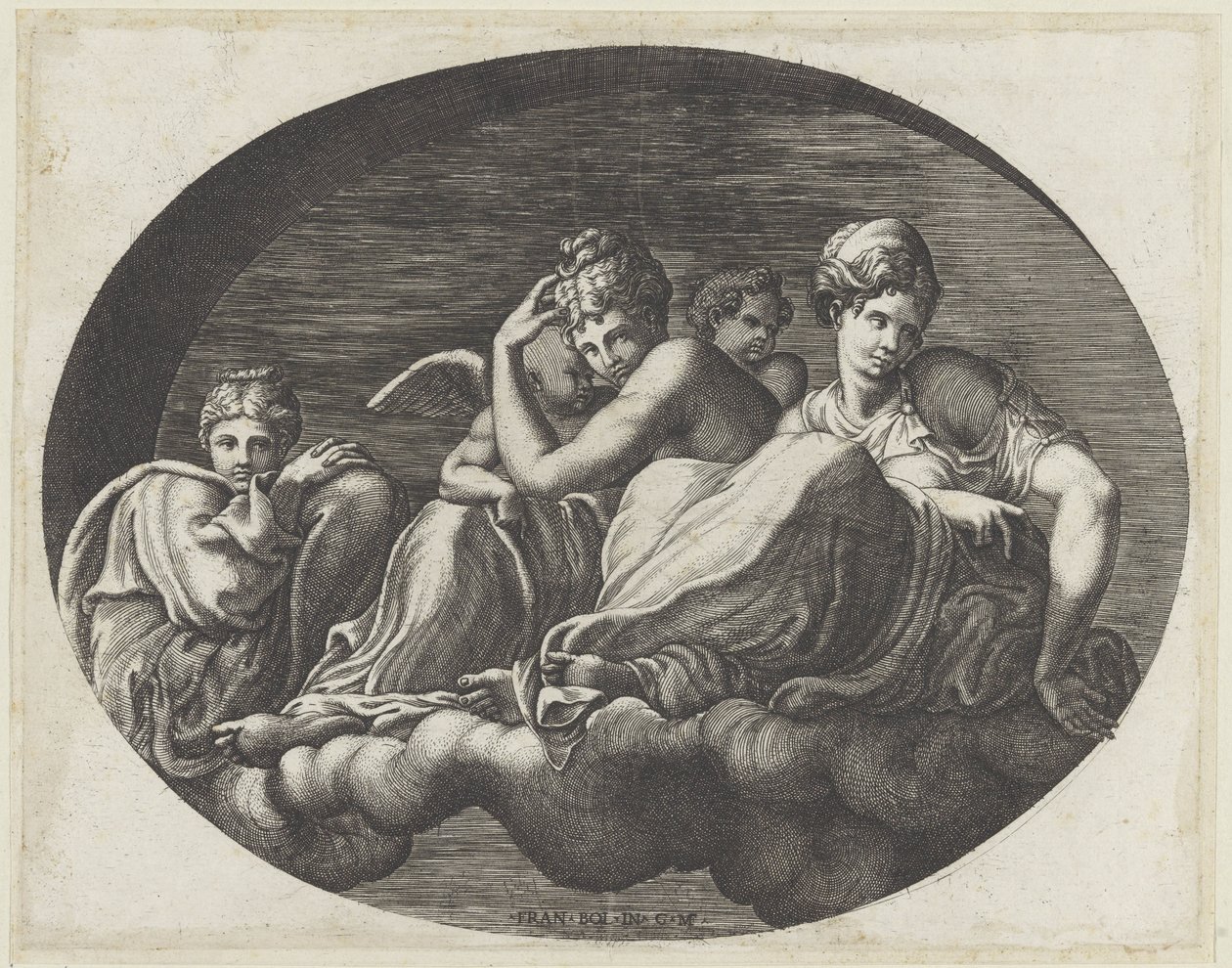 Vénusz, két istennő és két putti Ovális mennyezeti festmények a Fontainebleau-i Galerie d