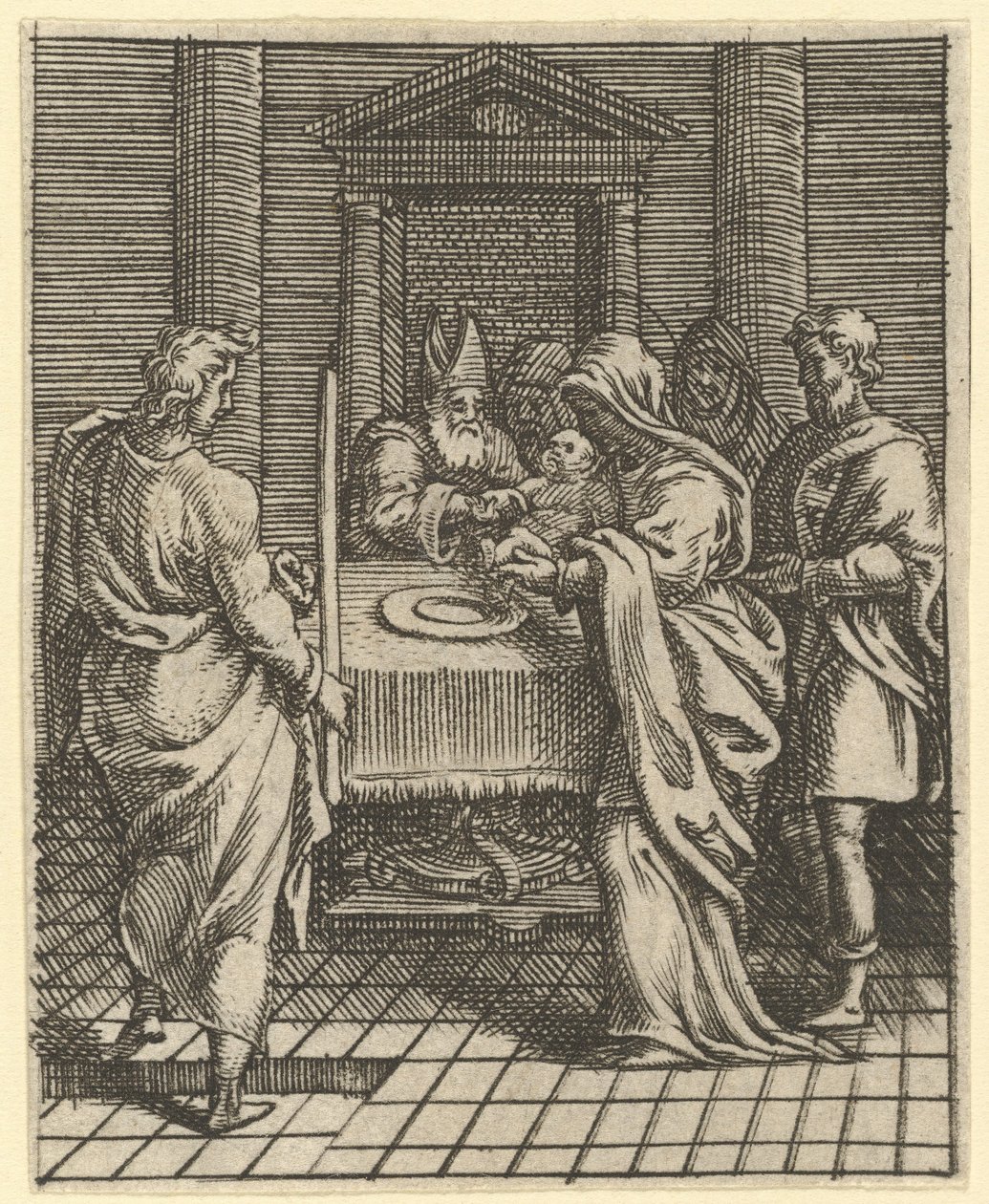 A Szomorú Szűz: A bemutató a templomban, a kilenc környező rekesz egyike..., 1575-re. alkotó: Giorgio Ghisi
