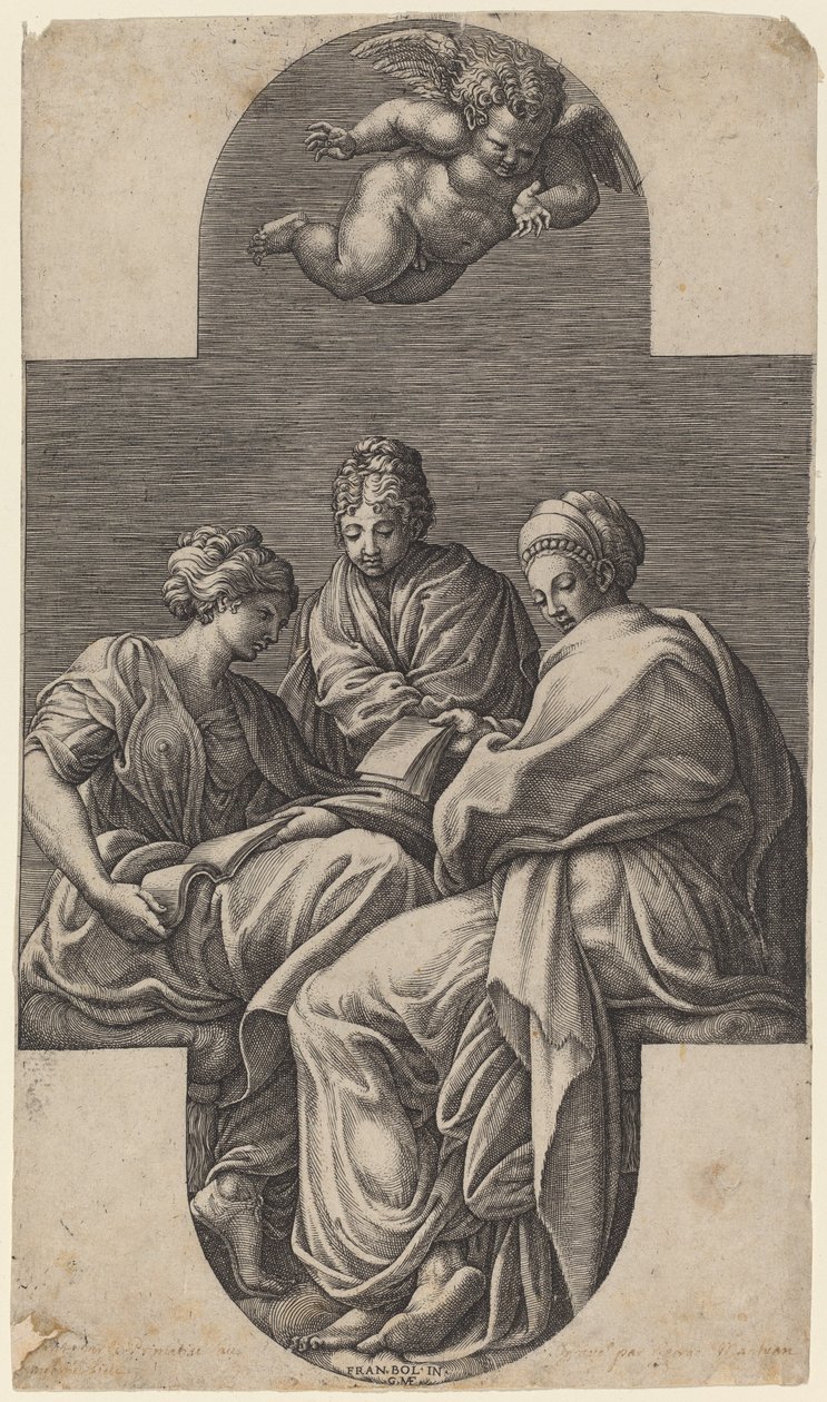 Három múzsa és egy intett puttó alkotó: Giorgio Ghisi after Francesco Primaticcio