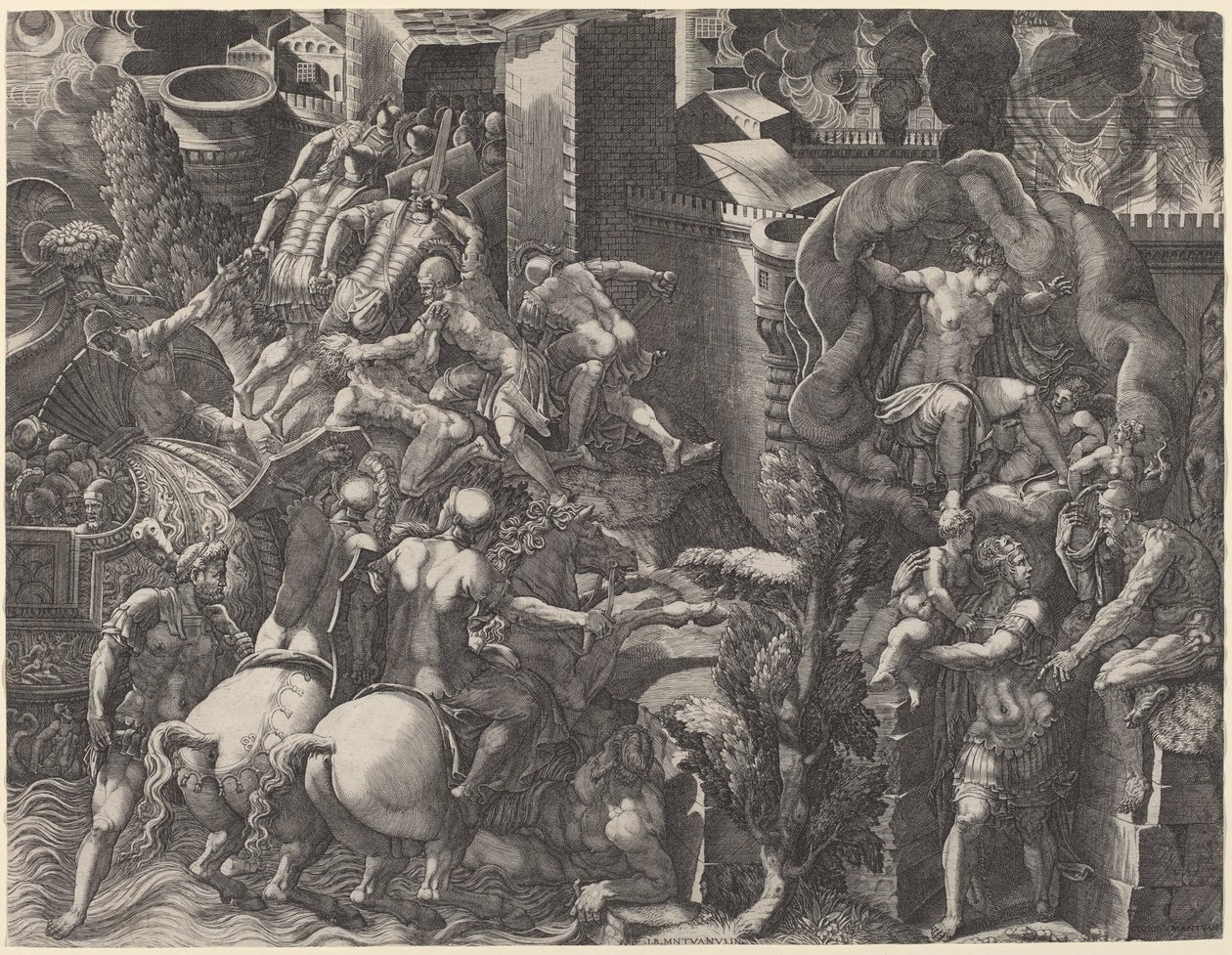 Trója bukása és Aeneas menekülése alkotó: Giorgio Ghisi after Giovanni Battista Scultori