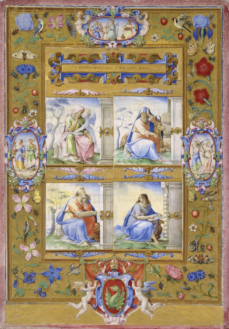 A négy evangélista a virágok, madarak és rovarok határán belül, 1572 alkotó: Giorgio Giulio Clovio