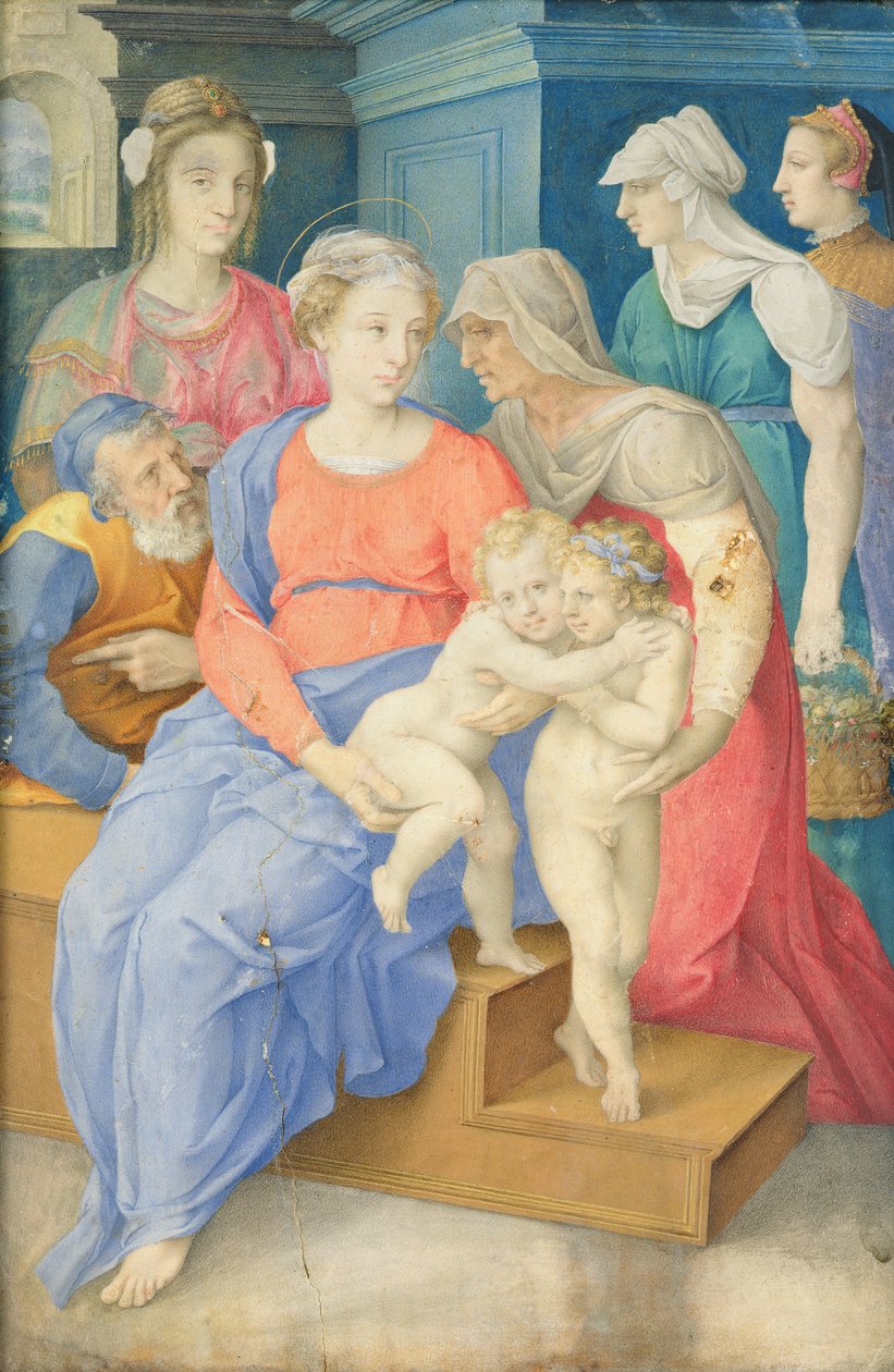 A Szent Család Szent Erzsébettel, Keresztelő Szent Jánossal és három nemesasszonnyal, 1557 körül alkotó: Giorgio Giulio Clovio