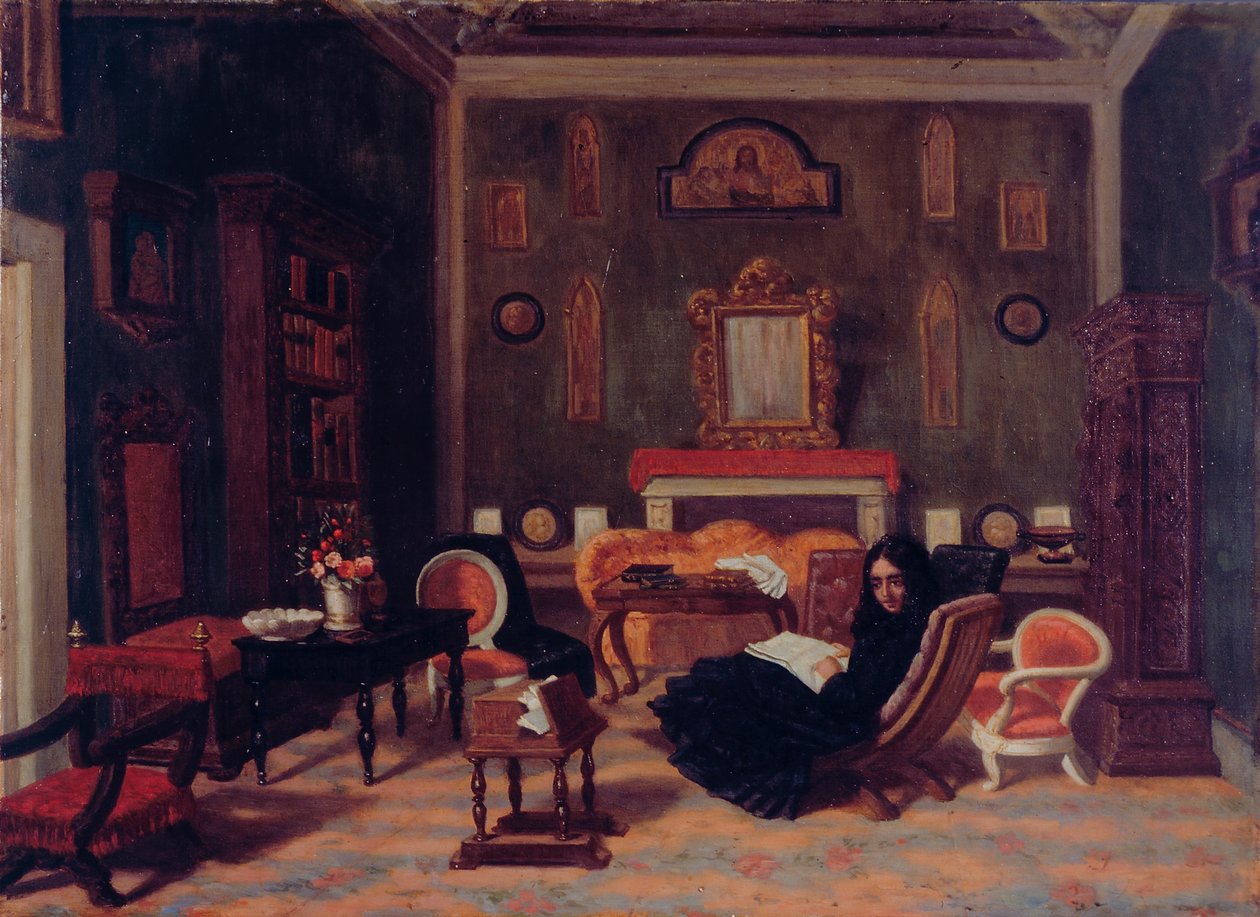 Elizabeth Barret Browning a firenzei Guidi-ház nappalijának belső terében, 1880 körül (olaj, vászon) alkotó: Giorgio Mignaty