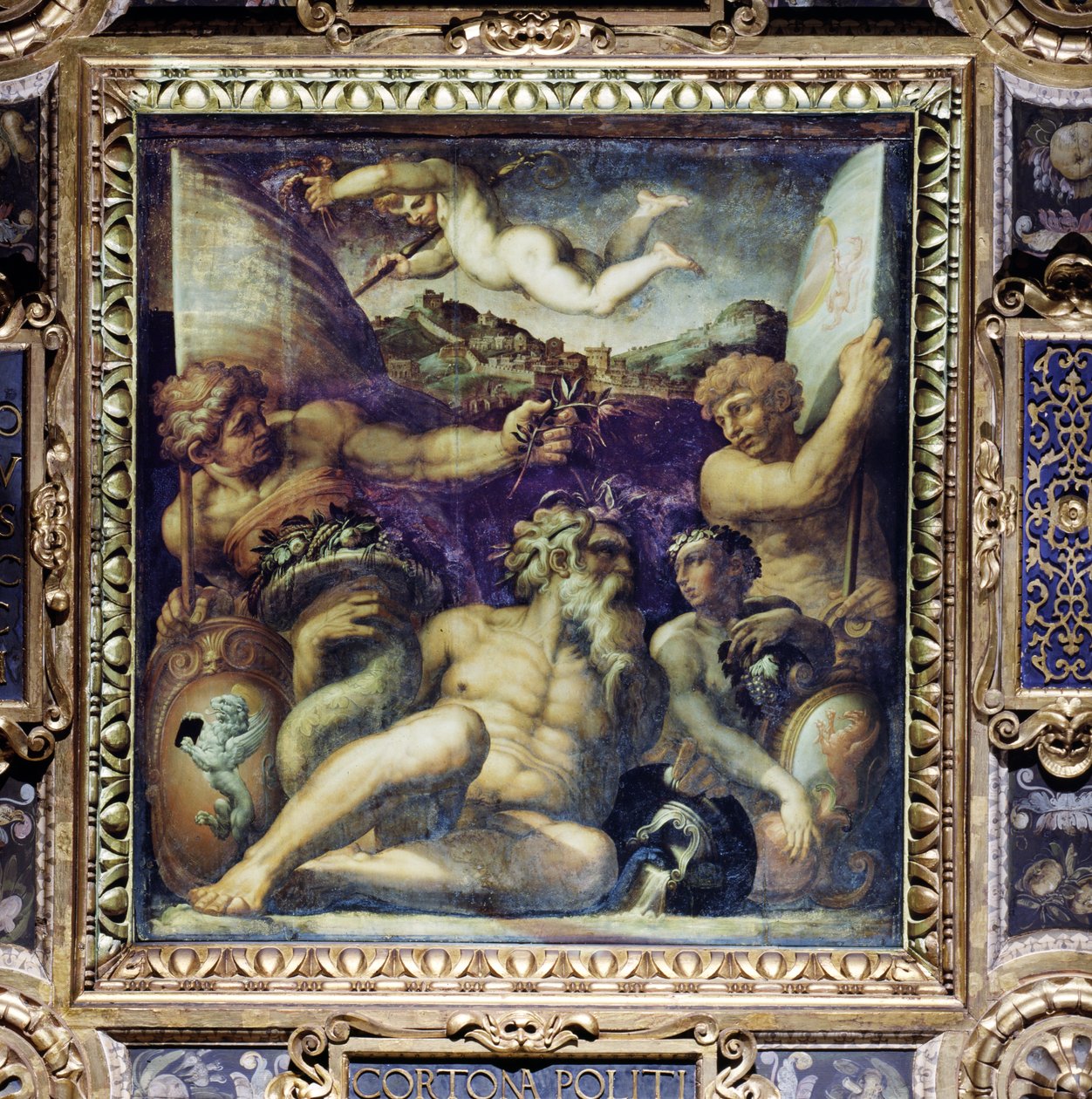Cortona és Montepulciano régió allegóriája a Salone dei Cinquecento mennyezetéről, 1565 (panel) alkotó: Giorgio Vasari