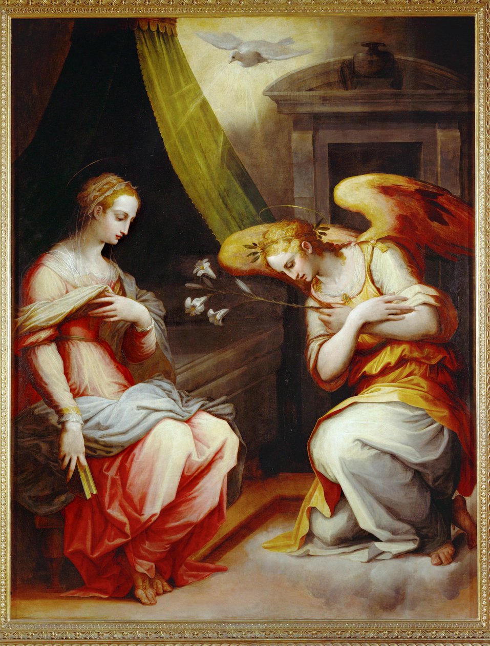 Annunciáció. Egy triptichon középső táblája. Az arezzói Santa Maria Novella főoltárára festették... alkotó: Giorgio Vasari