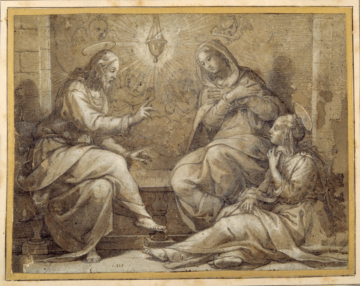 Krisztus Márta és Mária házában (toll és tinta mosóval és gouache-val, krétával, papíron) alkotó: Giorgio Vasari