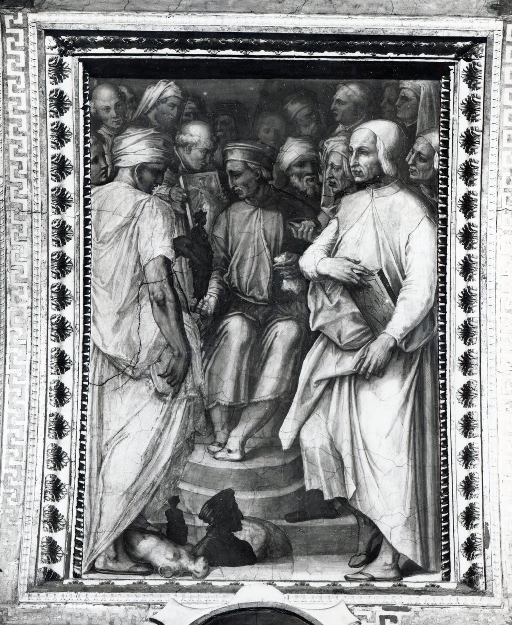 Cosimo de Medici filozófusok és művészek között ül a Sala di Cosimo il Vecchio-ban alkotó: Giorgio Vasari