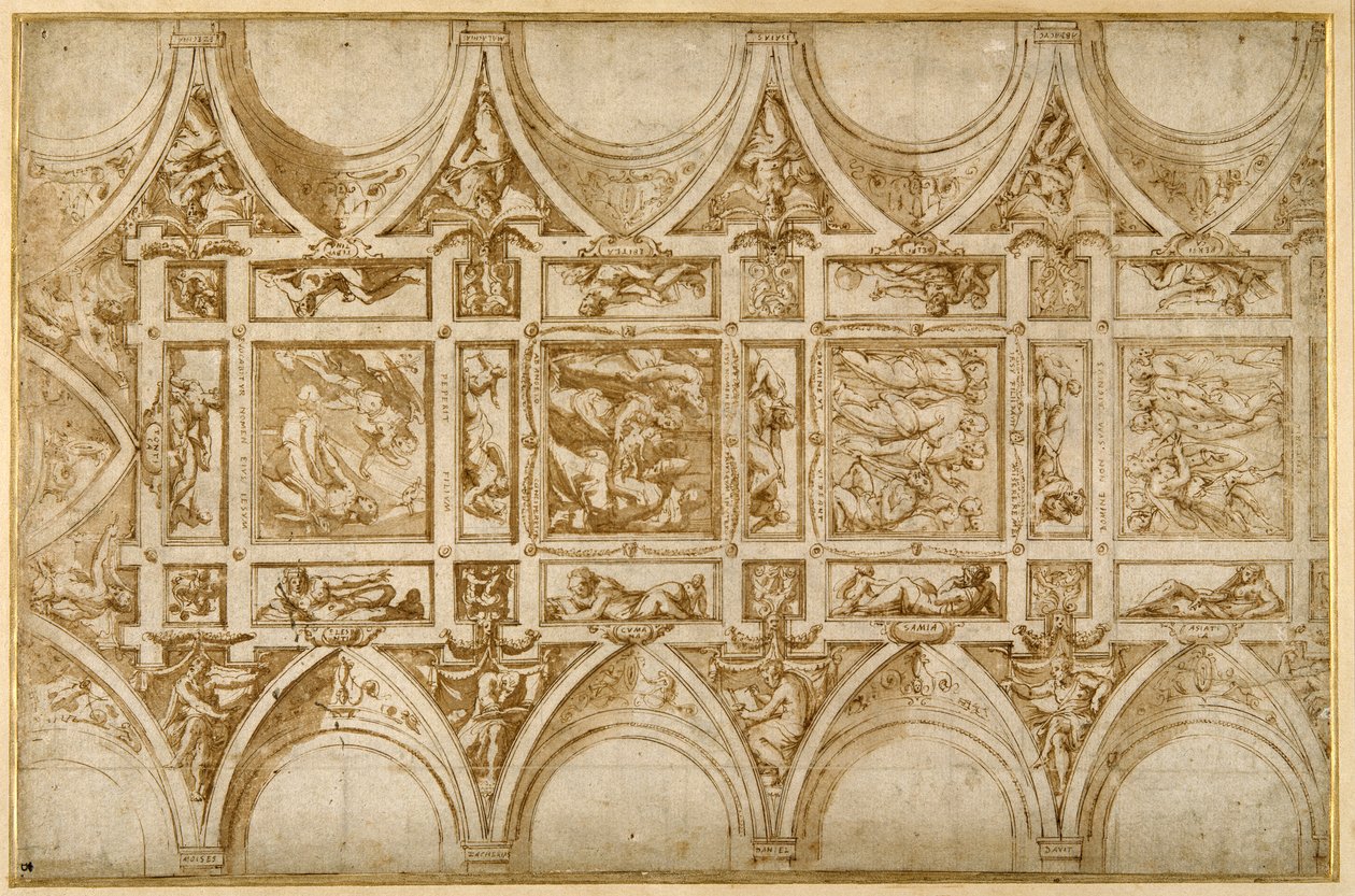 Tervezés a Cortonai Jezsuita Főiskola refektóriumának mennyezetéhez (toll és barna tinta világosbarna mosással) alkotó: Giorgio Vasari