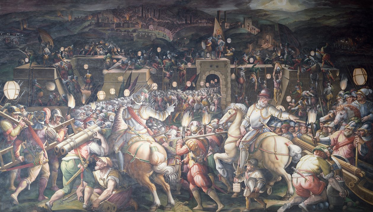 Olaszország, Firenze, Palazzo Vecchio (Régi palota), Salone dei Cinquecento, Erőd elfoglalása Sienában, a Port Camollia közelében alkotó: Giorgio Vasari