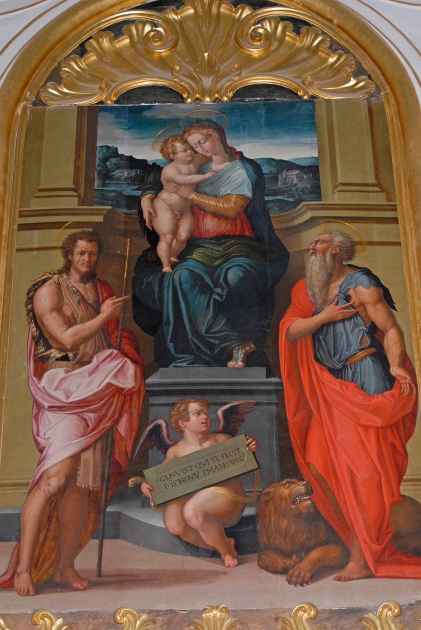 Madonna és gyermek Keresztelő Szent János és Szent Jeromos között, Giorgio Vasari festménye, templom Camaldoli kolostorban, Camaldoli, Toszkána, Olaszország alkotó: Giorgio Vasari