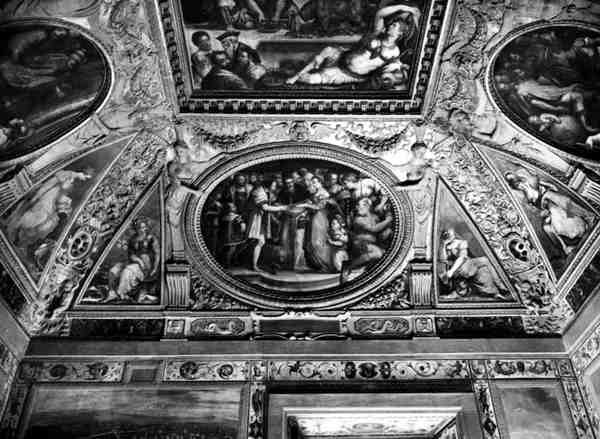 VII. Kelemen pápa (1478-1534) feleségül veszi Medici Katalin (1519-1589) és II. Henrik francia (1519-59), a Sala di Clemente VII. alkotó: Giorgio Vasari