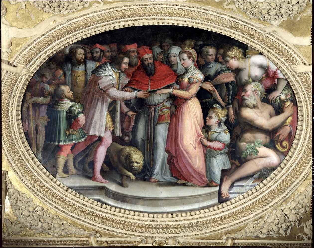 VII. Kelemen pápa feleségül vette Medici Katalint és II. Henriket, 1533. október 28-án a „Sala di Clemente VII”-ből alkotó: Giorgio Vasari