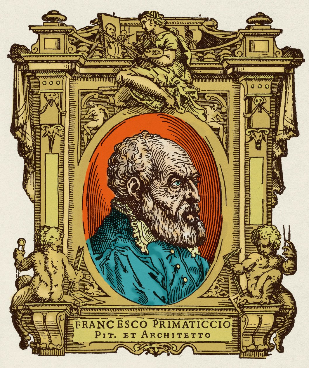 A Primatice (1504-1570) festő, szobrász és építész néven ismert Francesco Primaticcio portréja. Tagja volt az Ecole de Fontainebleau-nak. A "" A legkiválóbb festők, szobrászok és építészek élete" című csemege gravírozása (Le Vite de