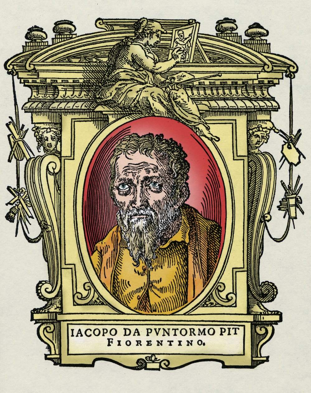 Jacopo (Iacopo) portréja Carrucci mondta il Pontormo (Pontormo) (1494-1556) olasz festő. Giorg „A legkiválóbb festők, szobrászok és építészek élete” (A legkiválóbb festők, szobrászok és építészek élete) csemege metszete alkotó: Giorgio Vasari