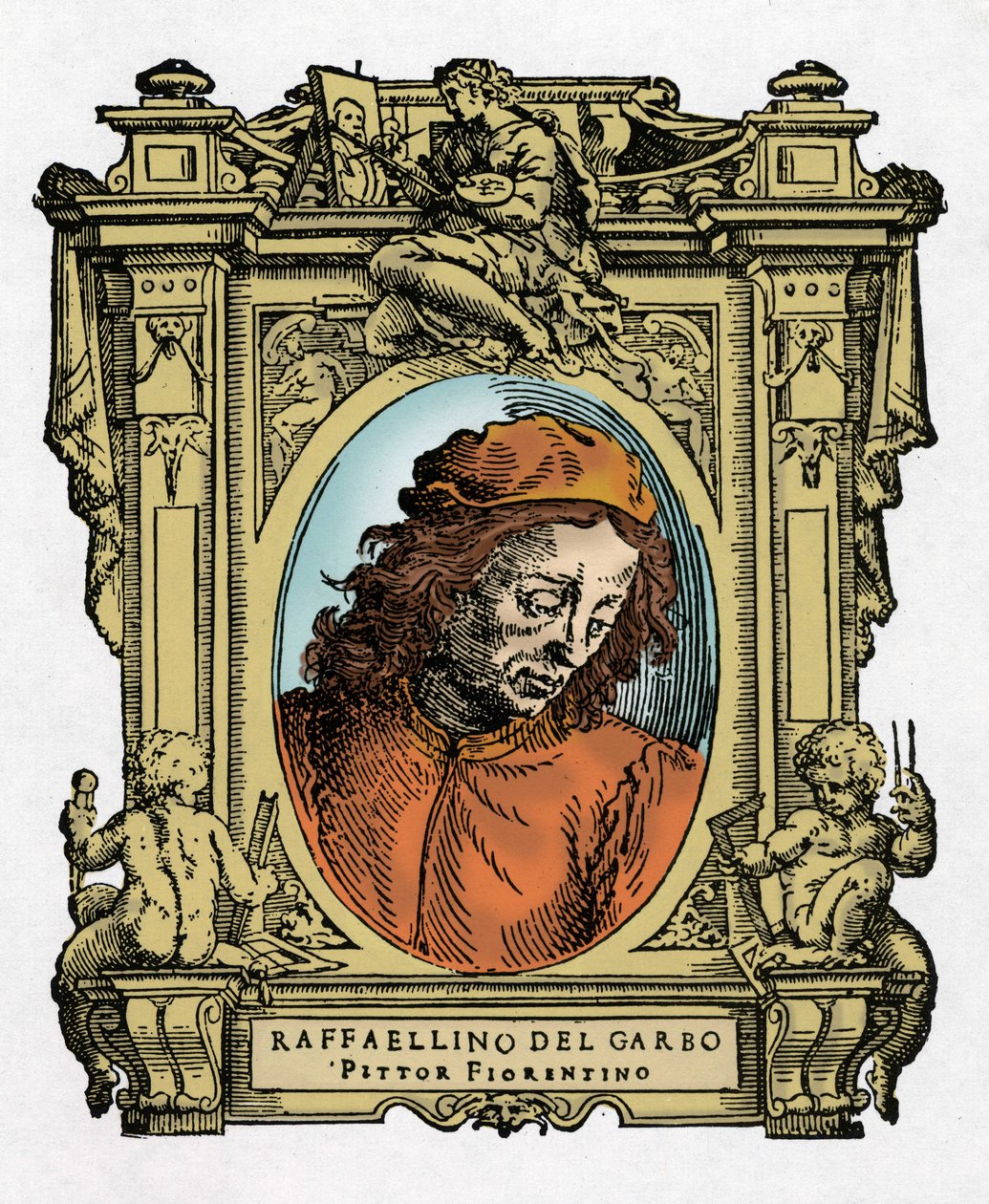 RAFFAELLINO DEL GARBO (Raffaellino de Carli) (1466-1525) olasz festő portréja. Giorgio Vasar „A legkiválóbb festők, szobrászok és építészek élete” (A legkiválóbb festők, szobrászok és építészek élete) csemege metszete alkotó: Giorgio Vasari
