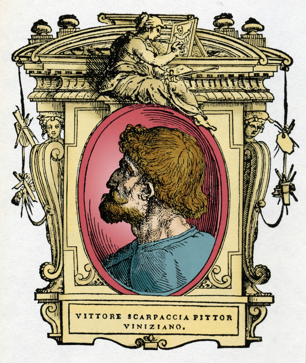 Vittore Carpaccio (1460-1526) velencei festő portréja. Giorgio Vasari „A legkiválóbb festők, szobrászok és építészek élete” (A legkiválóbb festők, szobrászok és építészek élete) csemege metszete alkotó: Giorgio Vasari