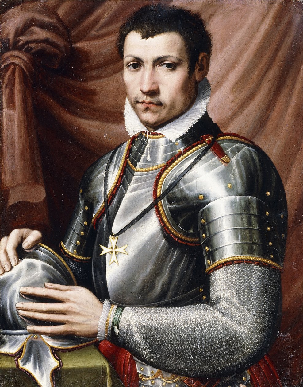 Egy máltai lovag portréja, félalakos, páncélban, sisakot tartva az asztalon, függöny mögött, alkotó: Giorgio Vasari
