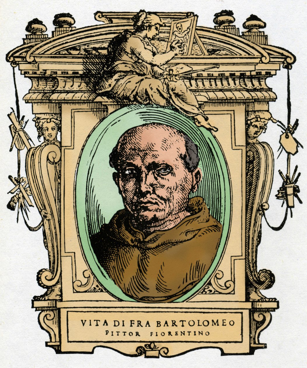 Fra Bartolomeo (1473-1517) firenzei festő portréja.. Metszet Giorgio Vasari "" A legkiválóbb festők, szobrászok és építészek élete "" (Le Vite de