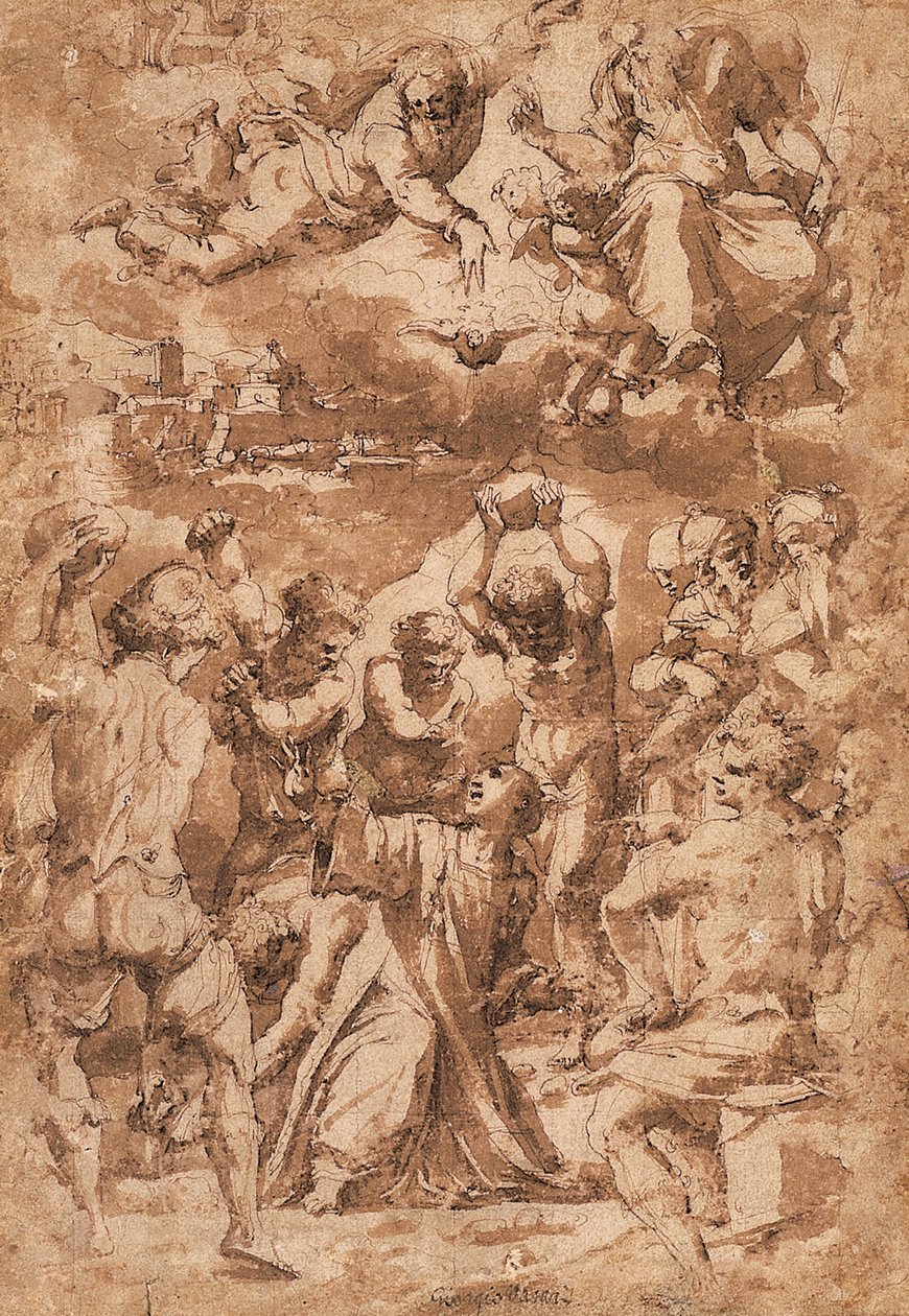 Szent István megkövezése, fent a Szentháromsággal alkotó: Giorgio Vasari