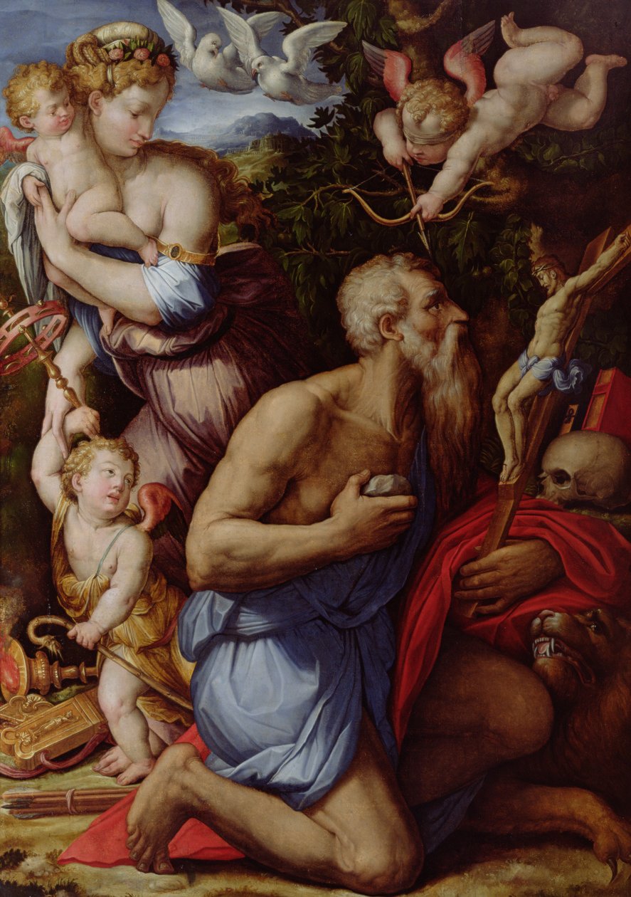 Szent Jeromos megkísértése (olaj, panel) alkotó: Giorgio Vasari