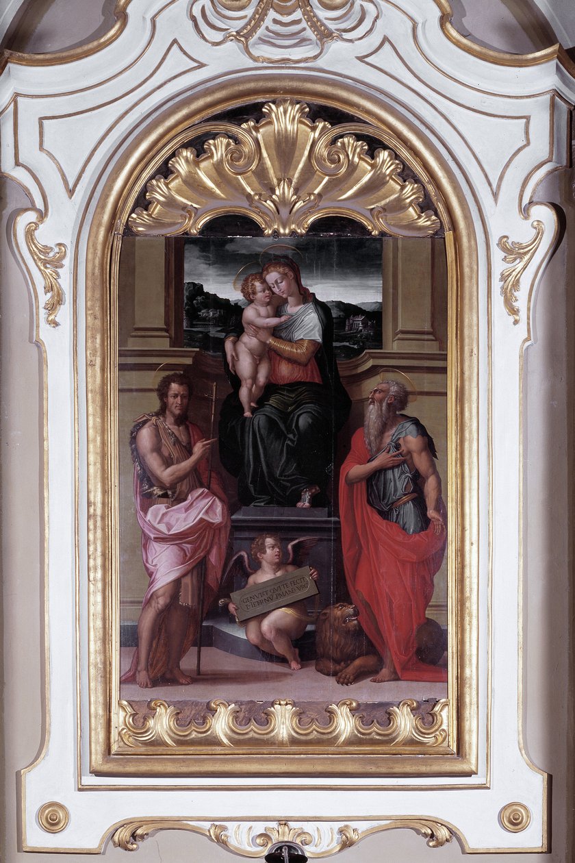 Szűz Keresztelő Szent Jánossal és Szent Jeromossal körülvéve (olaj, vászon alkotó: Giorgio Vasari