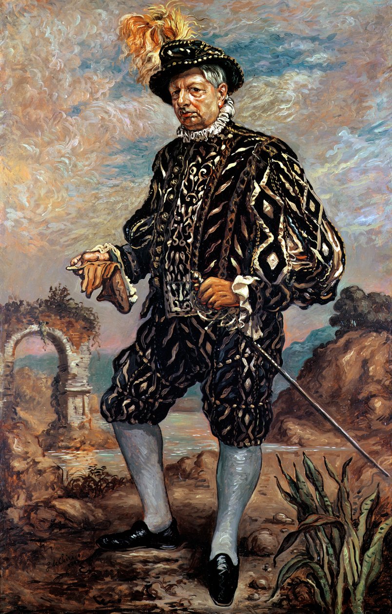 Önarckép fekete 17. századi jelmezben alkotó: Giorgio de Chirico