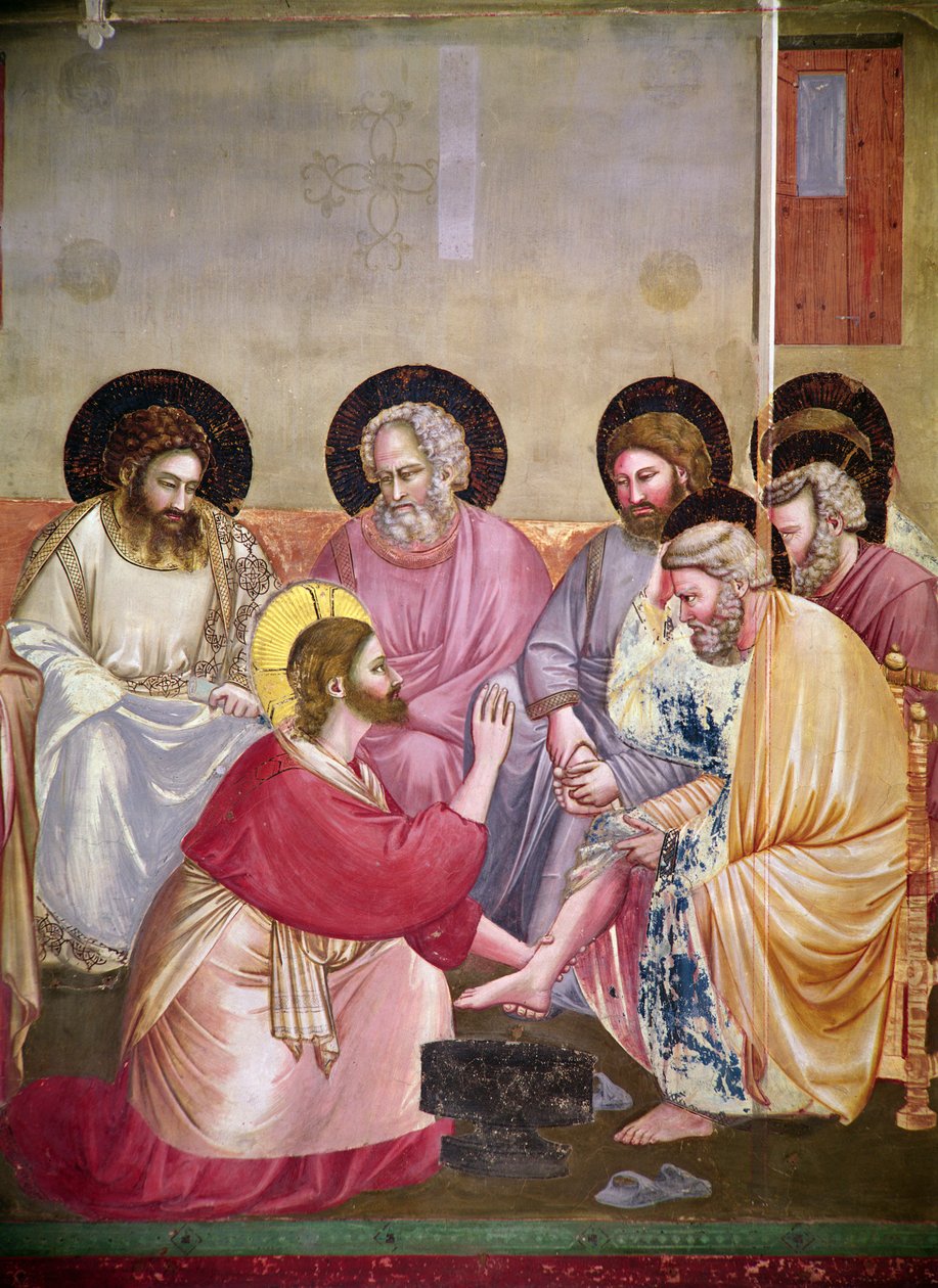 Krisztus megmossa a tanítványok lábát, részlet Krisztusról és hat tanítványáról, 1303-05 körül alkotó: Giotto di Bondone