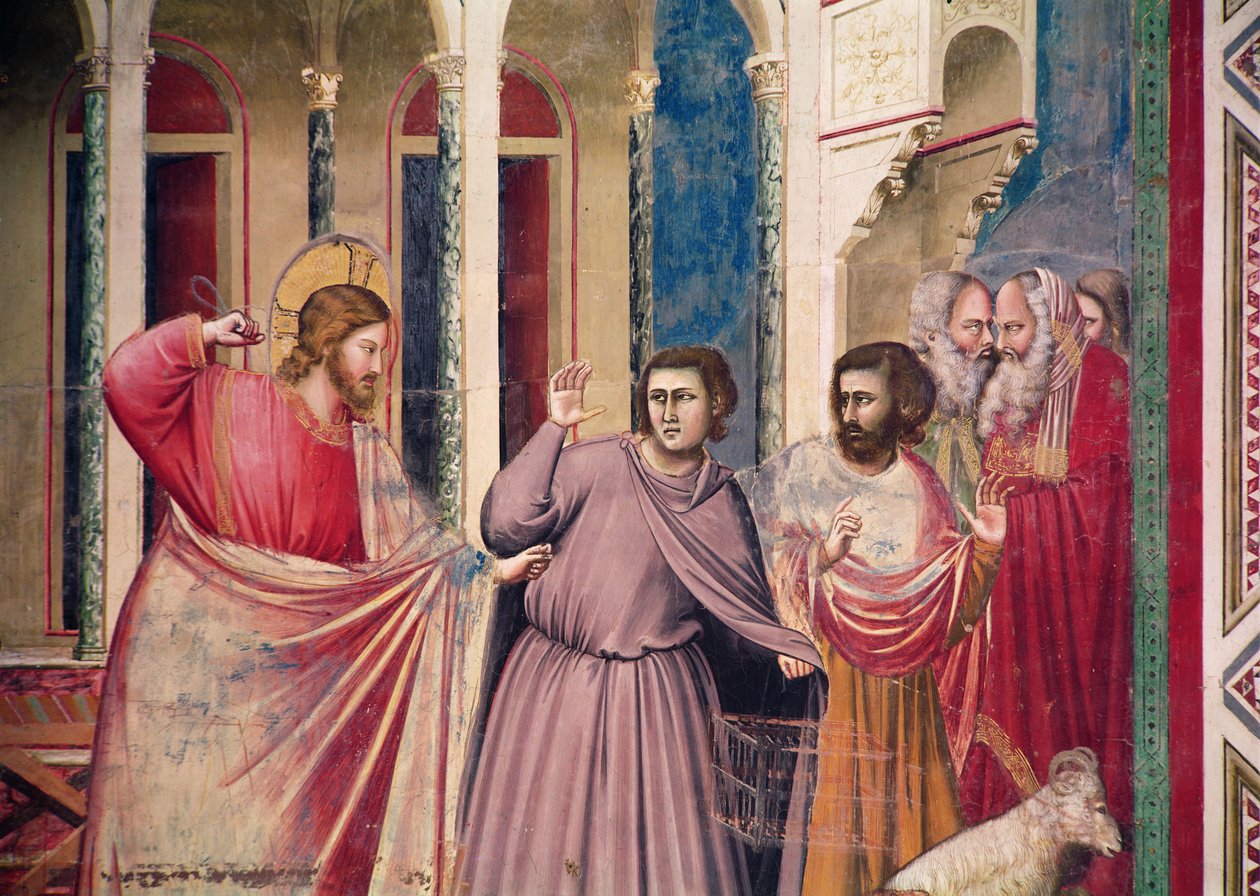 Jézus üldözi a kereskedőket a templomból, részlet Krisztusról és két kereskedőről, 1303-05 körül (444251 részlet) alkotó: Giotto di Bondone