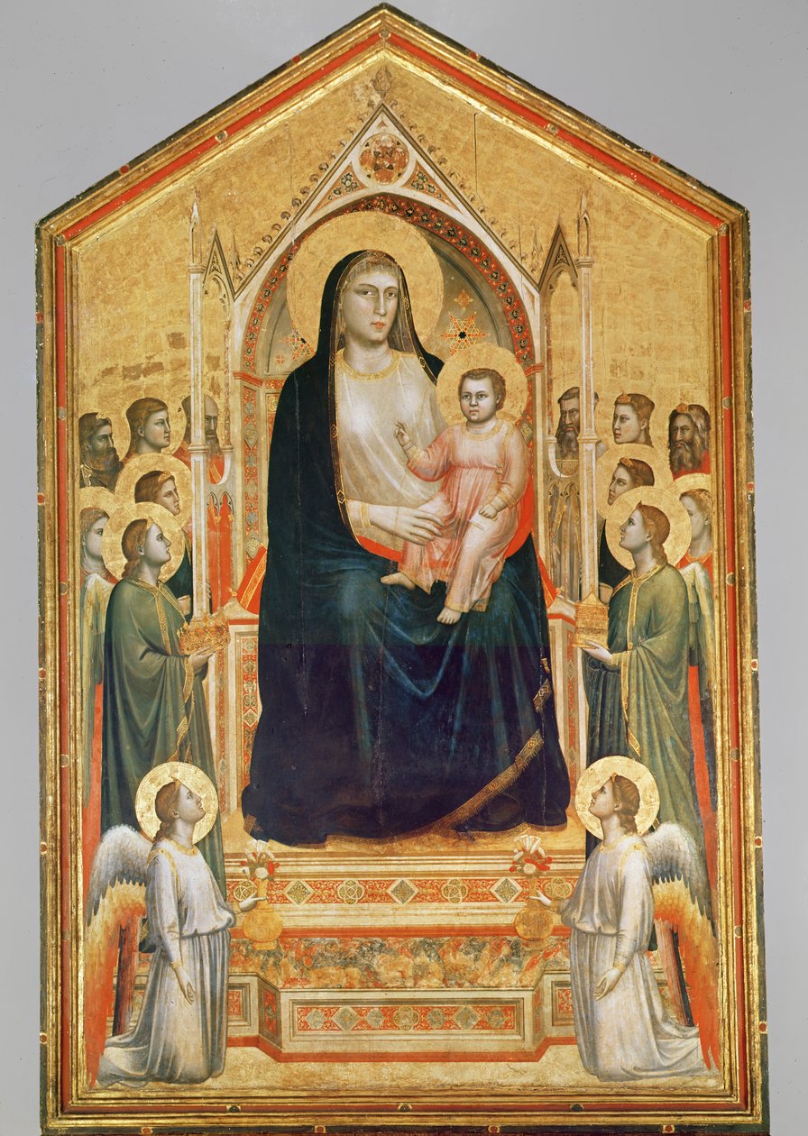 Madonna és Child Enthroned, 1380 (előre-restauráció) (tempera a panelen) (lásd még: 63334) alkotó: Giotto di Bondone