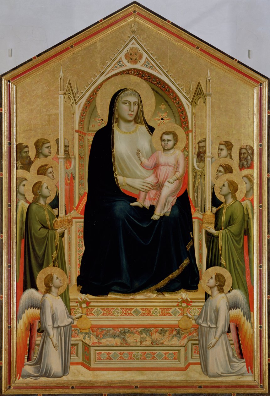 Madonna és Child Enthroned, 1300-10 körül (tempera a panelen) (POST-helyreállítás) (lásd még: 50342) alkotó: Giotto di Bondone