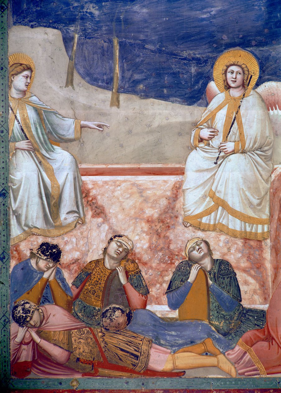 Noli Me Tangere, avagy Krisztus megjelenése Mária Magdolnának, részlet a sírról, angyalokról és alvó katonákról, 1303-05 (lásd még: 155974) alkotó: Giotto di Bondone