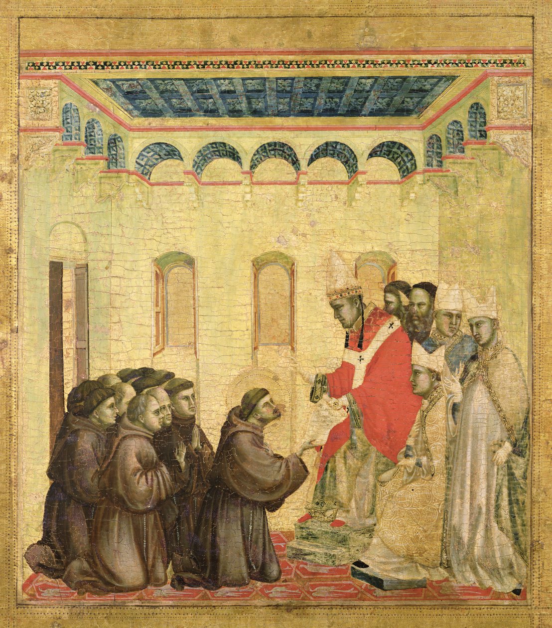 III. Innocentus pápa (1160-1216) jóváhagyja a szabályt, a predella tábláról, Szent Ferenc a stigmákat kapja, 1295-1300 körül (tempera, tábla). alkotó: Giotto di Bondone