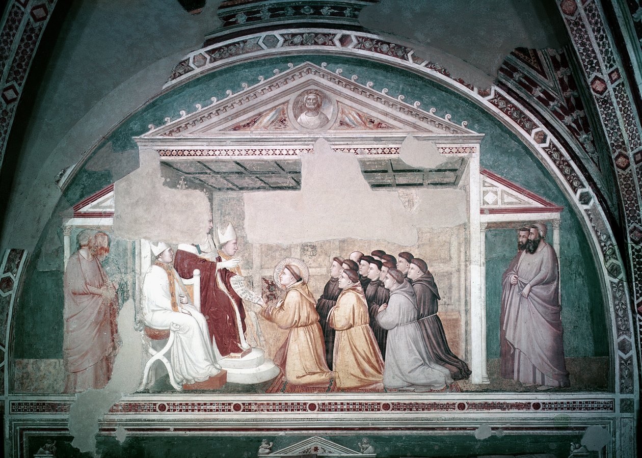III. Innocent pápa (1160-1216) Szent Ferenc uralmának jóváhagyása, a Bardi-kápolnából, 1320 körül alkotó: Giotto di Bondone