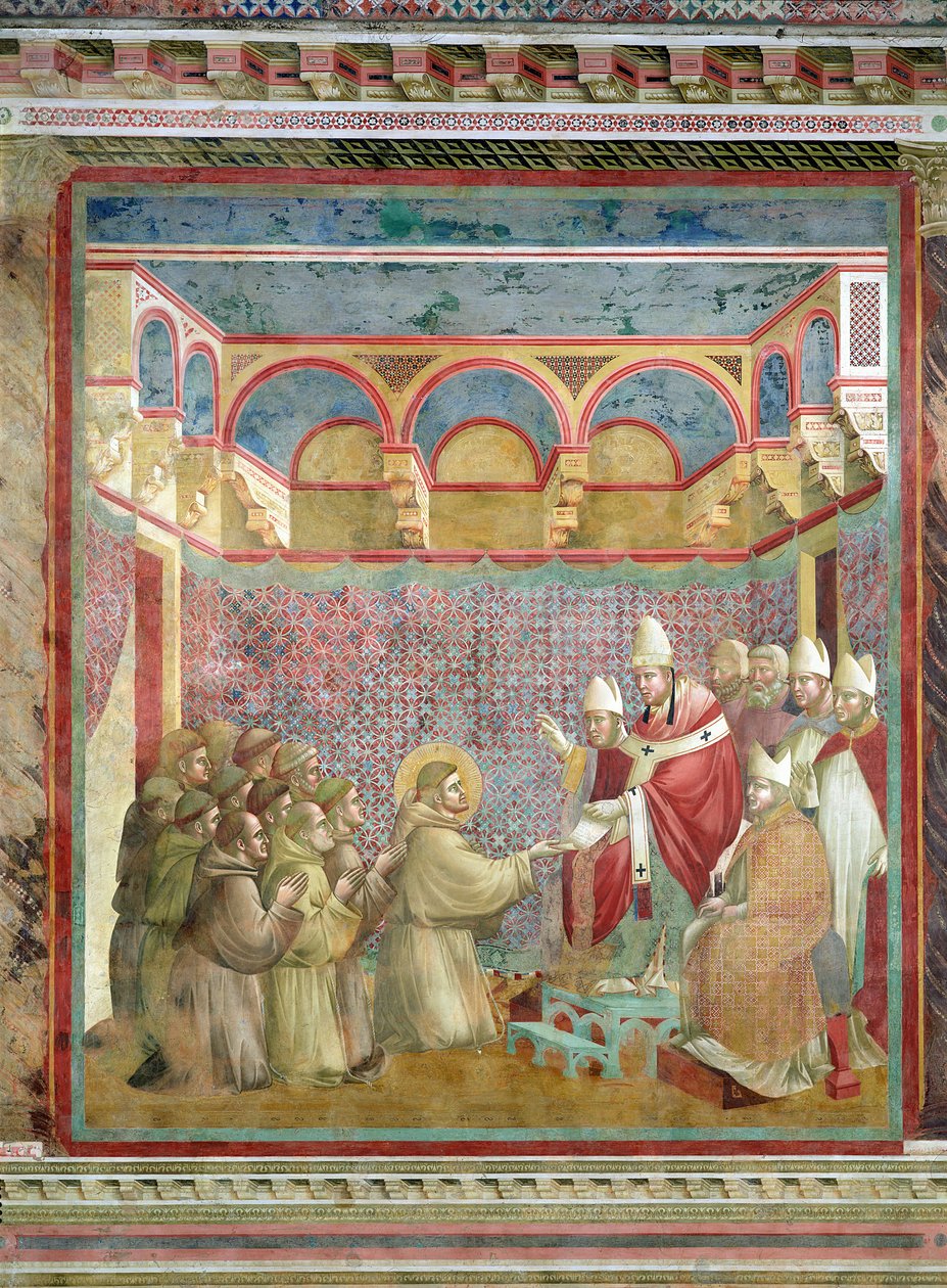 Szent Ferenc 1210-ben, 1297-99-ben kapja meg III. Innocentus pápától (1160-1216) a "Regula Prima" jóváhagyását. alkotó: Giotto di Bondone