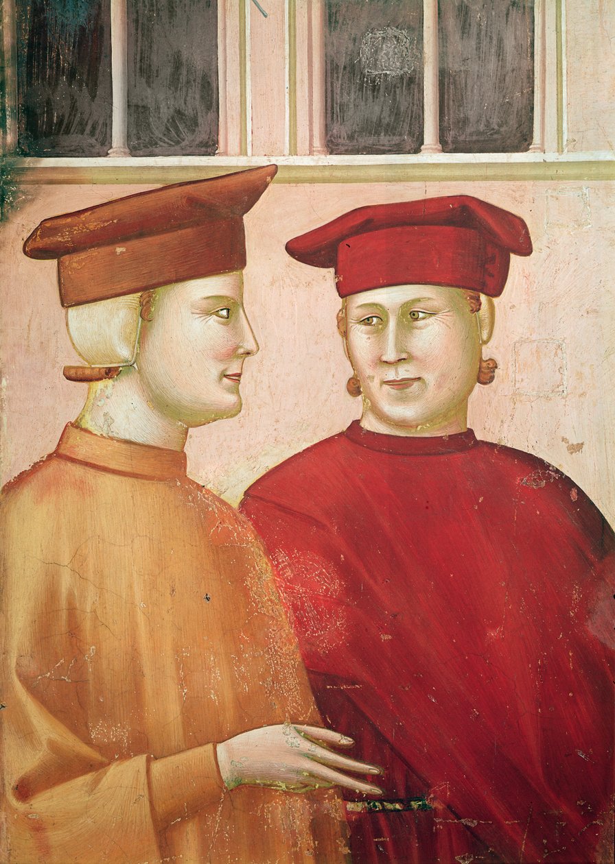 Egy egyszerű ember által tisztelt Szent Ferenc, bal oldalon alakrészletek, 1297-99 körül alkotó: Giotto di Bondone