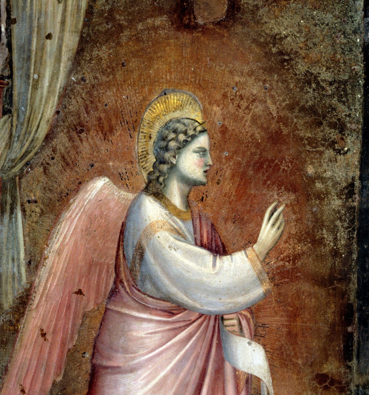 Az Angyali üdvözlet, Gábriel angyal részlete, az oltár feletti lunettákból, 1305 körüli freskórészlet a 97841-ből alkotó: Giotto di Bondone