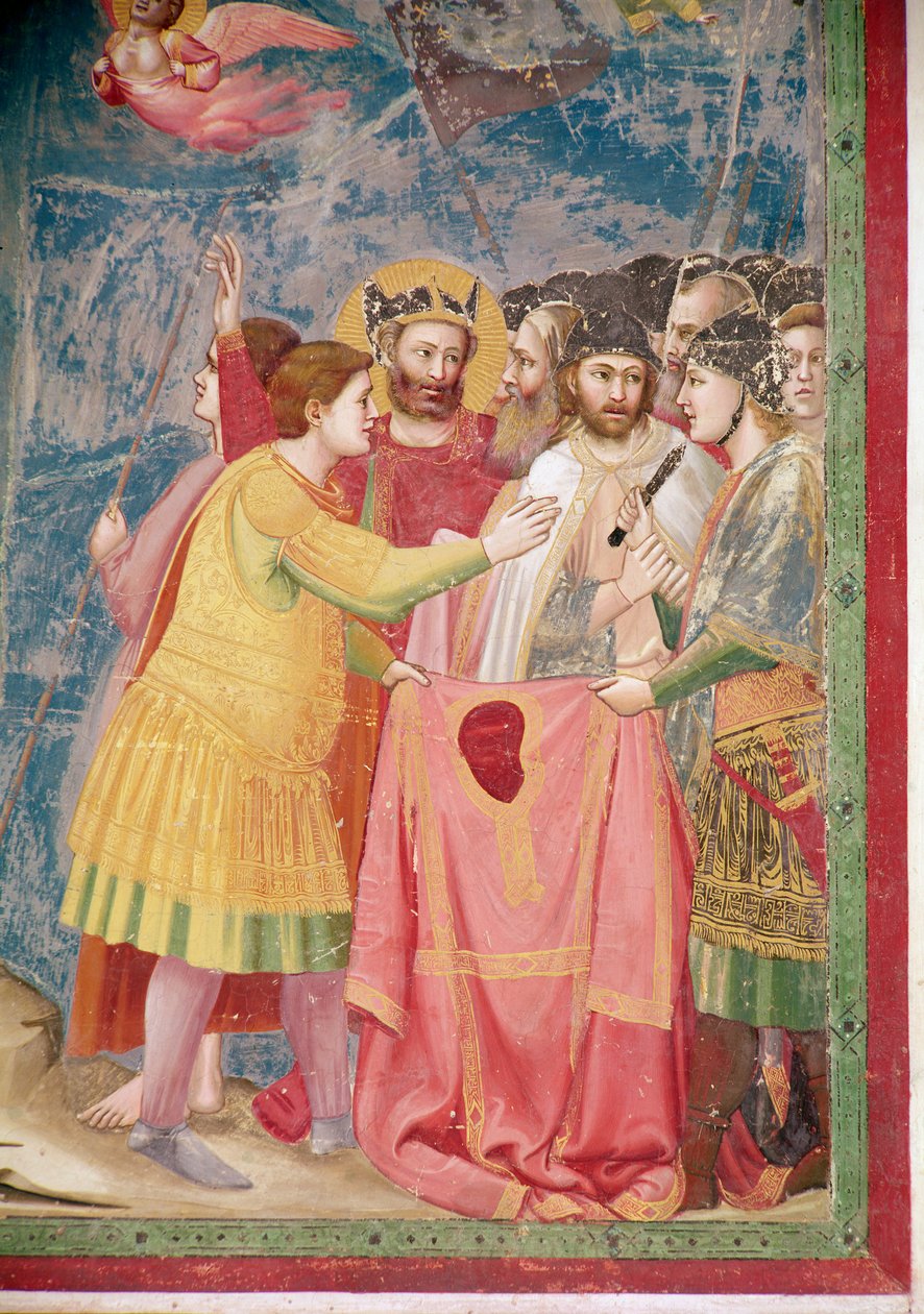 A keresztre feszítés, Krisztus tunikáját tartó katonák részlete, 1303-2005 körül alkotó: Giotto di Bondone