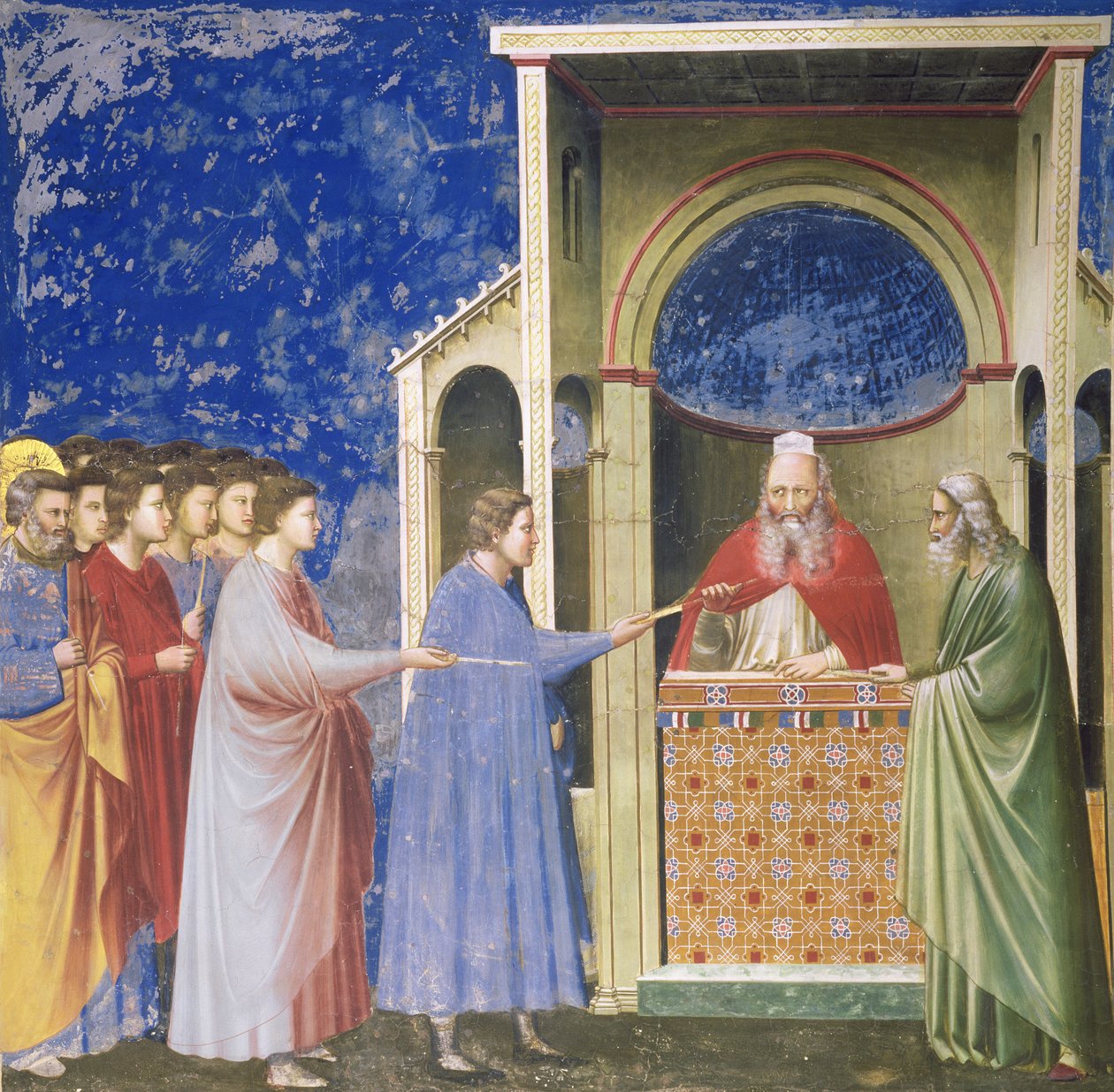 A Szűz udvarlói bemutatják botjaikat a templomban, 1305 körül alkotó: Giotto di Bondone