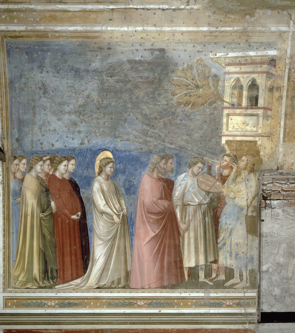 A Szűzanya nászmenete, 1305 körül (restaurálás előtt) alkotó: Giotto di Bondone