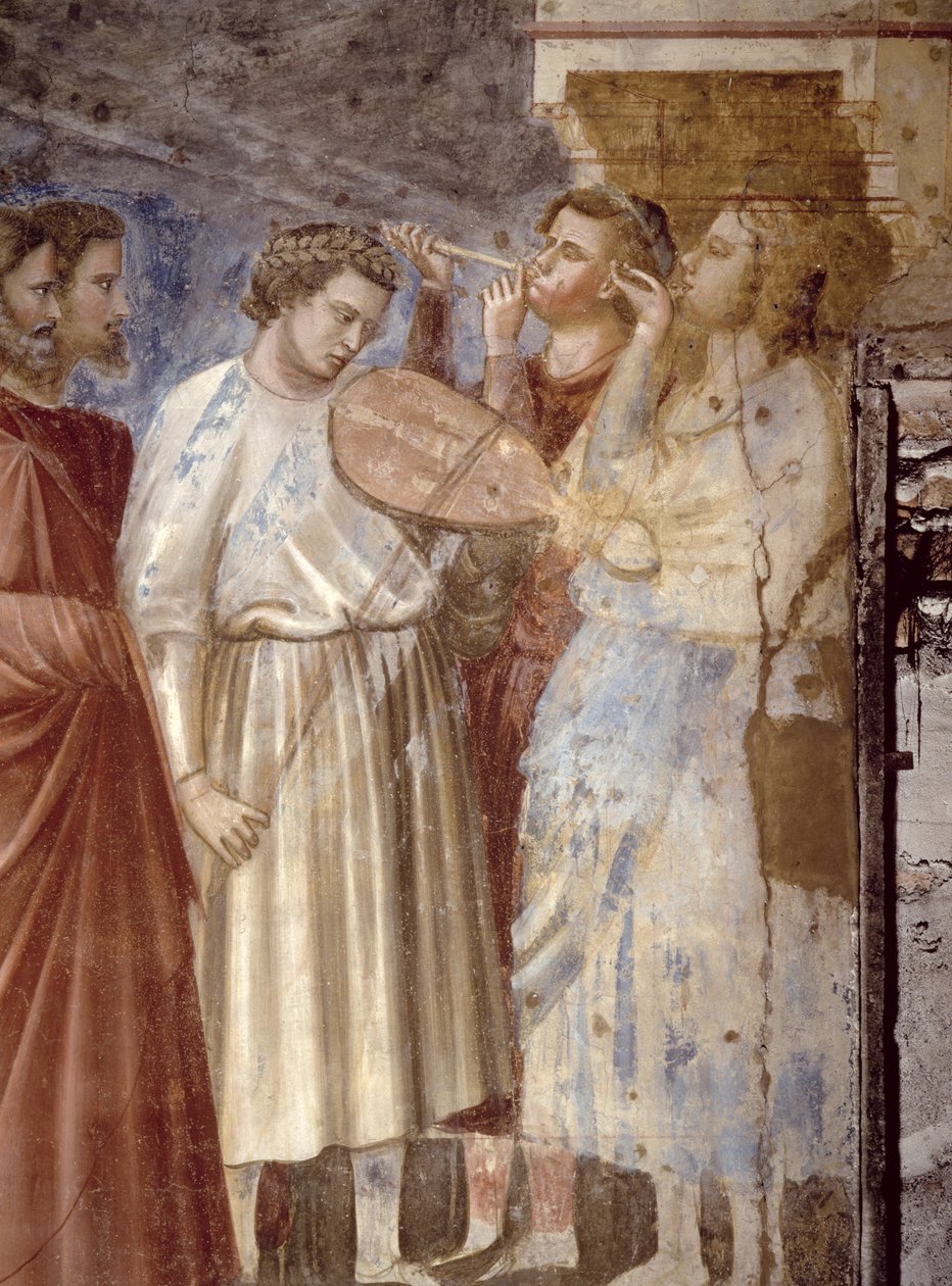 A Szűzek esküvői körmenete, részlet a zenészekről, 1305 körüli freskórészlet a 65205-ből alkotó: Giotto di Bondone