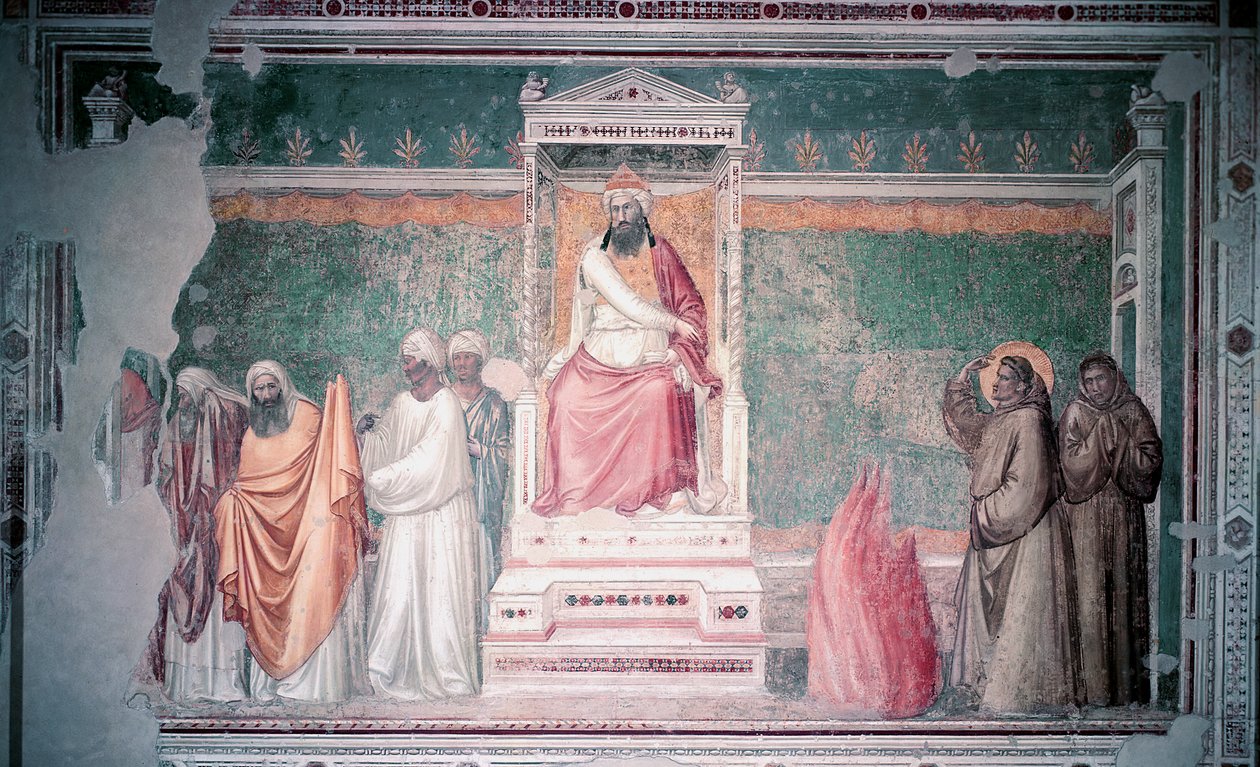 Assisi Szent Ferenc tűzpróbája az egyiptomi szultán előtt, a Bardi-kápolnából, 1320 körül alkotó: Giotto di Bondone