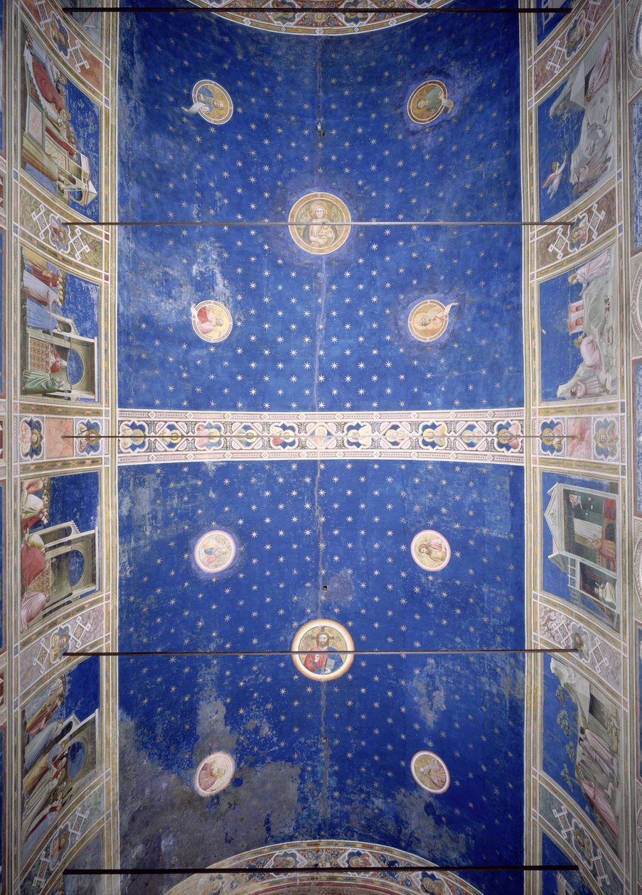 A mennyezeti boltozat kilátása Krisztust, Madonnát és Gyermeket és az egyházdoktorait ábrázoló medalionokkal, 1305 körül alkotó: Giotto di Bondone