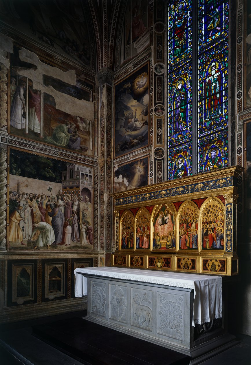Baroncelli kápolna, Baroncelli poliptichon az oltár felett, 1328 körül, Giotto (1267-1337), tempera és arany táblán, Santa Croce-bazilika, Firenze. Olaszország alkotó: Giotto (c.1266 1337)