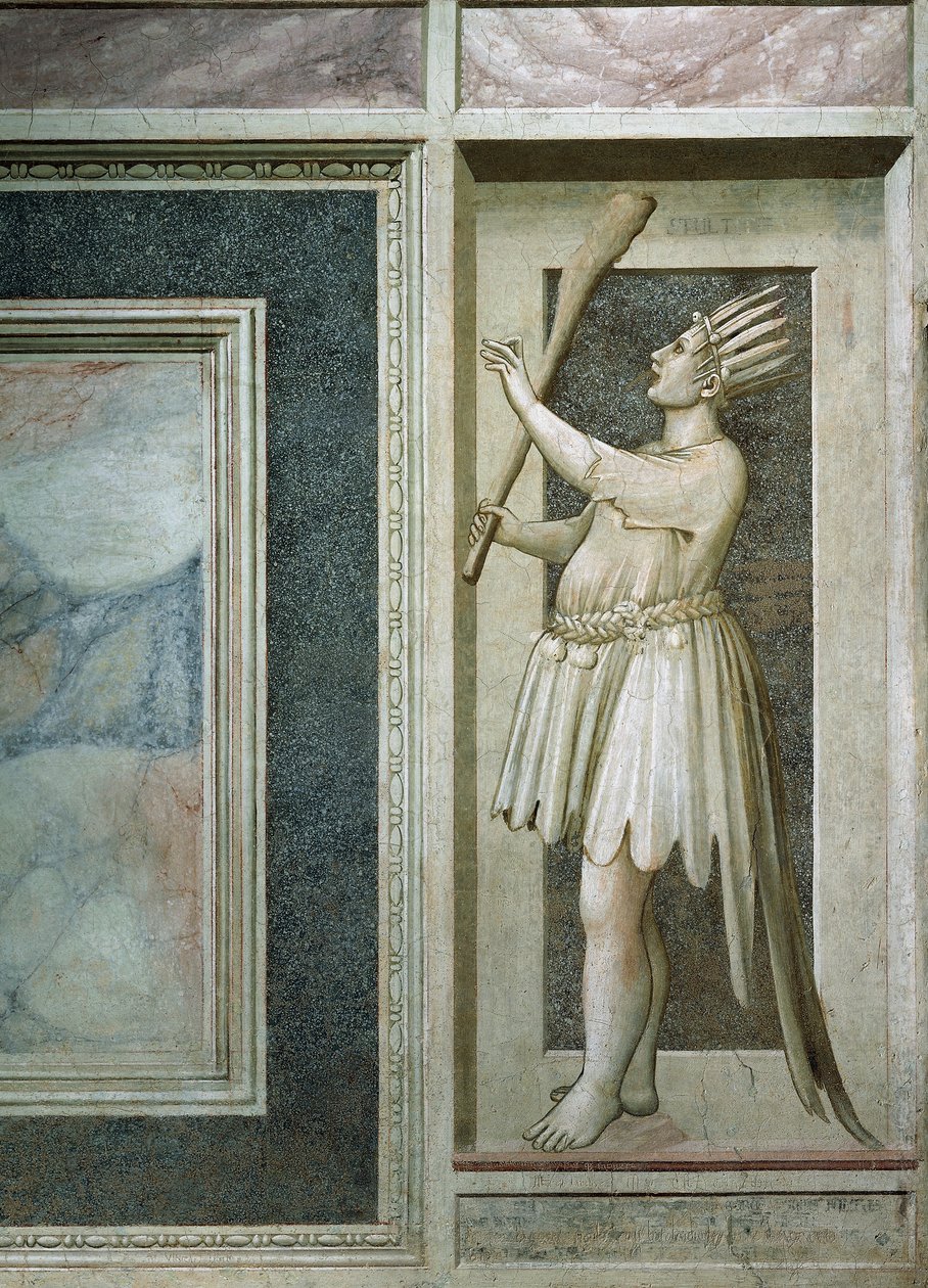 Bolondság, lakattal zárt szájú férfialak, jobb kezében ütő, tollal és pávafarokkal borított fej, Giotto, részlet A bűnök és erények című freskóciklusból, 2002-es restaurálás után, Scrovegni kápolna, Padova, Veneto , Olaszország. alkotó: Giotto (c.1266 1337)