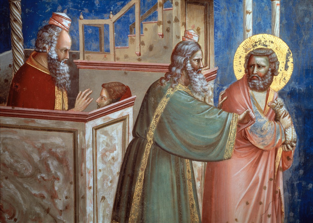 A pap, aki elutasította Joachimot, egy báránnyal jött, hogy feláldozza. Részlet Szent Anna és Szent Joachim életéből (freskó alkotó: Giotto (c.1266 1337)