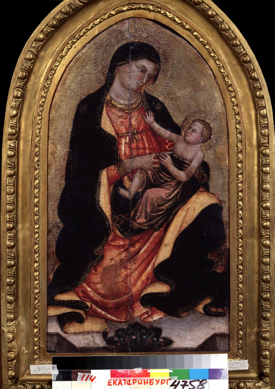 ""Szűz és gyermek"" (Szűz és gyermek). Giotto di Bondone (1267-1337) festménye. Szarvasmarha a fán. Nemzeti Szépművészeti Múzeum, Jekatyerinburg (vagy Jekatyerinburg). Oroszország alkotó: Giotto (c.1266 1337)