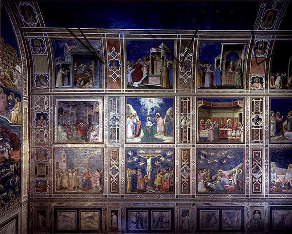 Kilátás az északi falra, amely jeleneteket ábrázol a Szűz életéből és Krisztus életéből, 1305 körül (freskó) alkotó: Giotto (c.1266 1337)